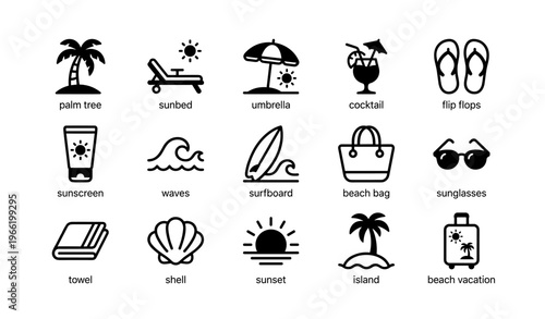 Summer beach icon set: palm tree, sunbed, umbrella, cocktail, flip flops