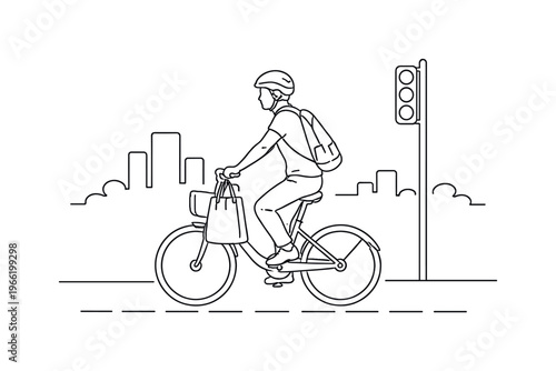Commuter riding a shared bike along a dedicated lane, helmet secured and tote bag hanging from the handlebar, simple city skyline