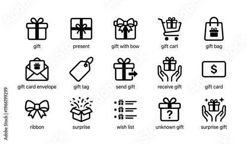 Gift icons collection: present, bow, cart, bag, envelope, tag, surprise, wishlist