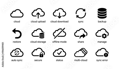 Cloud computing icons: upload, download, sync, backup, restore, storage, security