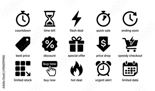 Flash sale icons with countdown, discounts, quick checkout, and limited time offers