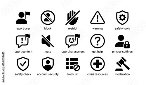 Social media safety and moderation icons set