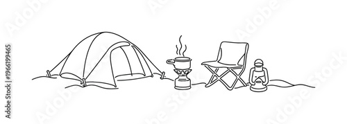 Compact campsite scene with pitched tent secured by stakes, portable camping stove heating a small pot, folding chair positioned