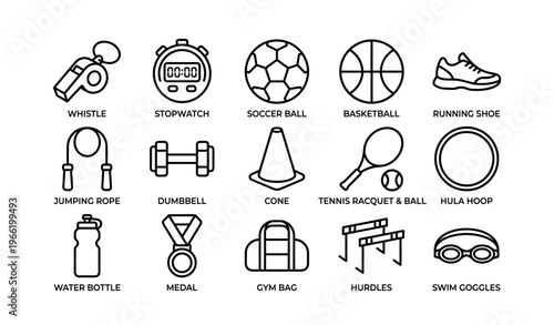 Sports equipment icons collection featuring balls, stopwatch, dumbbell, whistle, and more