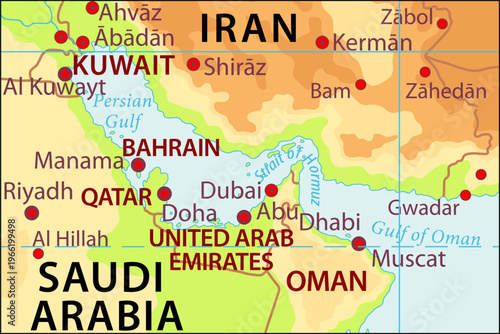 Vector political, physical, geographical
world map. Fragment of asia region with strait of hormuz,
iran, kuwait, persian gulf, oman gulf,
saudi arabia, qatar, oman, bahrain, united arab emirates.