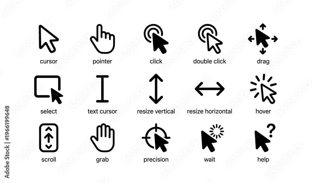 Fototapeta premium Black cursor icons set with various functionality