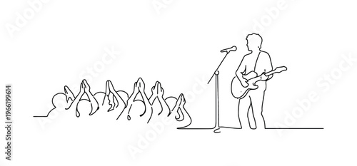 Side view of a cheering crowd with hands clapping above their heads, musician silhouette on stage holding a guitar and microphone