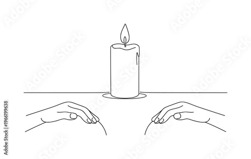 Close view of a single candle with steady flame on a flat surface, pair of hands resting calmly on knees in the foreground,