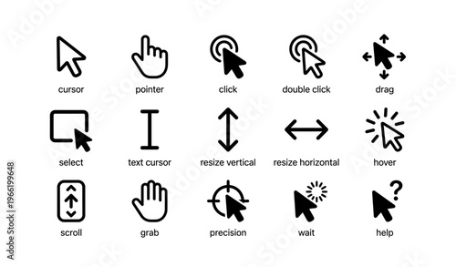 Black cursor icons set with various functionality