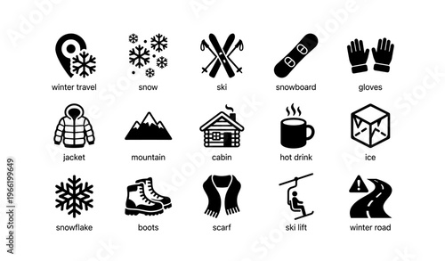 Winter travel icons featuring skiing, snowboarding, and winter apparel