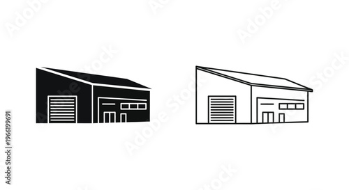 a black and white garage with two doors and a window Vector