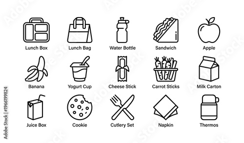 Illustrated icons of lunch items including lunch box, water bottle, and snack options