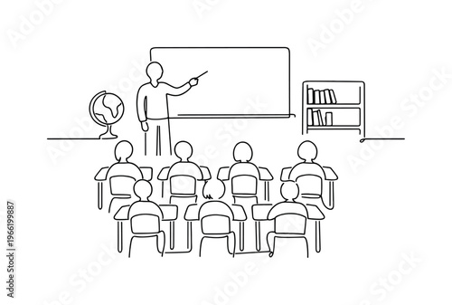 Teacher standing at the front of a classroom pointing to a chalkboard, rows of desks with seated students facing forward, globe