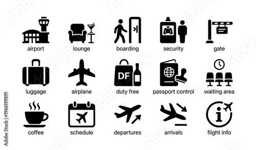 Airport icon set featuring travel and security symbols