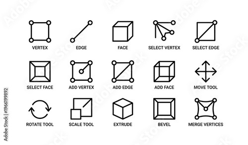 3d modeling tool icons: vertex, edge, face, select, move, rotate, scale, extrude, bevel, merge