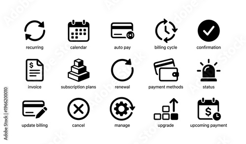 Financial service icons including calendar, payment methods, and subscription management