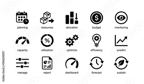 Set of business management icons including planning, budget, efficiency, forecast, sustain