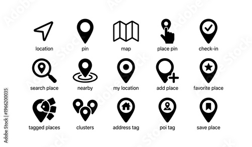 Location and navigation icons collection: map, pin, check-in, and more