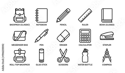School supplies icons set featuring backpack, notebook, pencil, and more