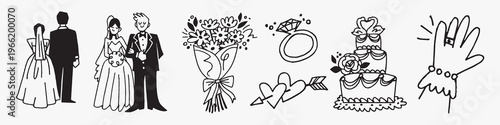 Elegant wedding doodle illustrations vector element set