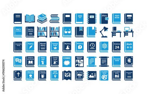 Collection of diverse book icons representing various genres and subjects