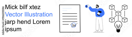 Blockchain, smart contracts, digital signatures, innovative ideas, digital transformation, collaboration. A signing contract, person pointing to a blockchain diagram. Blockchain and smart contracts
