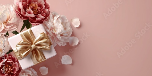 Elegant white gift box with gold ribbon surrounded by soft peonies and petals on blush background