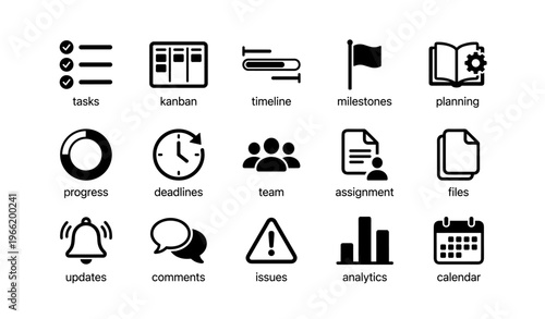 Business icons set: tasks, timeline, milestones, planning, analytics
