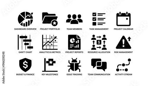Business icons set: dashboard, teams, task management, project calendar, reports