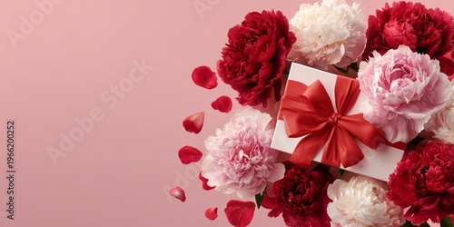 Elegant gift box with red ribbon surrounded by blooming peonies and floating petals, soft romantic pastel background