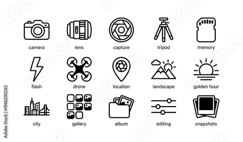 Photography equipment icons: camera, lens, tripod, drone, editing, landscape, city, snapshot, memory
