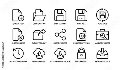 Project management icons: save, share, export, backup, lock