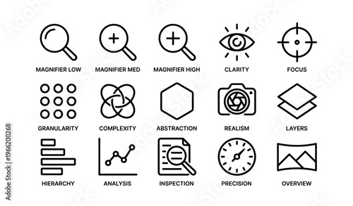 Various outline icons: magnifiers, eye, target, patterns, camera, graphs, layers