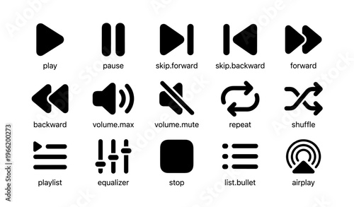 Media control icons set including play pause skip forward backward and more