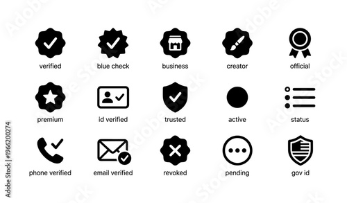 Verified icons set with badges, shields, and status indicators