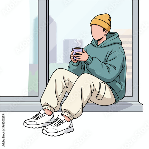 Stylized Illustration of a Man in Hoodie and Beanie Sitting on a Windowsill Holding a Steaming Coffee Cup