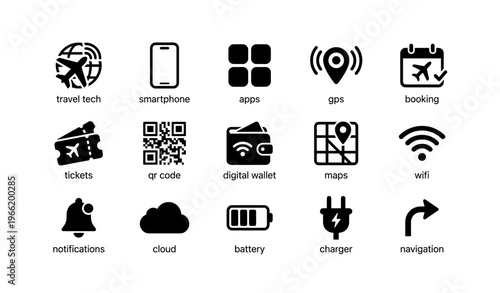Icons for travel, booking, and digital technology