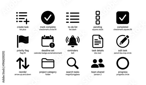 Task management icons set: checkmarks, lists, flags, and more