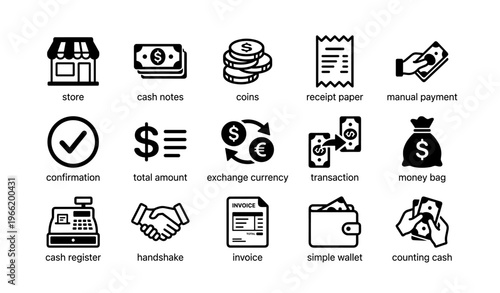Shopping and payment icons: store, currency, transactions, receipt, wallet