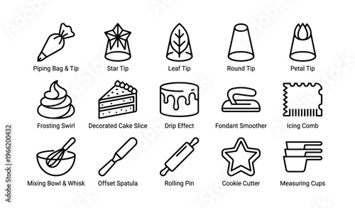 Baking tools icons featuring piping tips, utensils, and decorations
