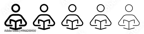 Reading icon with variable line weight. Person reading book pictogram shown in different stroke thickness styles. Education and learning concept. 