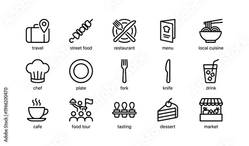 Icons of travel and cuisine: street food, restaurant, local dishes, and chef utensils