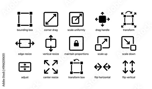 Black vector icons: resize, scale, transform, flip, maintain proportions, adjust