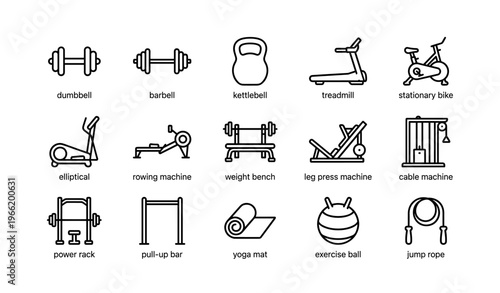 Home gym equipment icons: dumbbell, treadmill, kettlebell, yoga mat, exercise ball