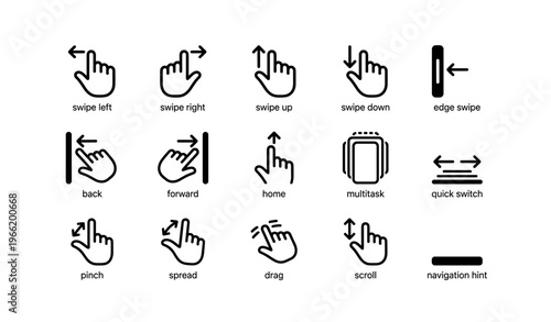 Hand gesture icons for touchscreen navigation and interaction