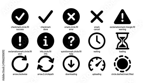 Collection of circular and triangular icon symbols including checkmarks and exclamation marks