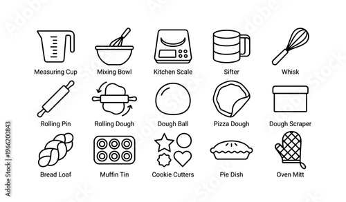 Essential baking tools icons: measuring cup, mixing bowl, kitchen scale, whisk, rolling pin