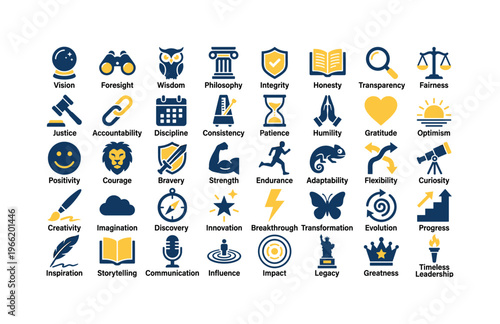Collection of icons representing leadership qualities and business concepts
