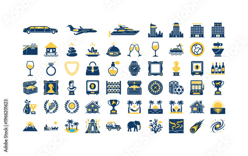 Collection of luxury and lifestyle icons in blue and yellow