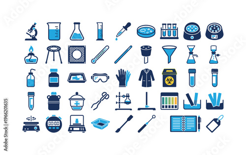 Collection of laboratory equipment icons for scientific research and experiments
